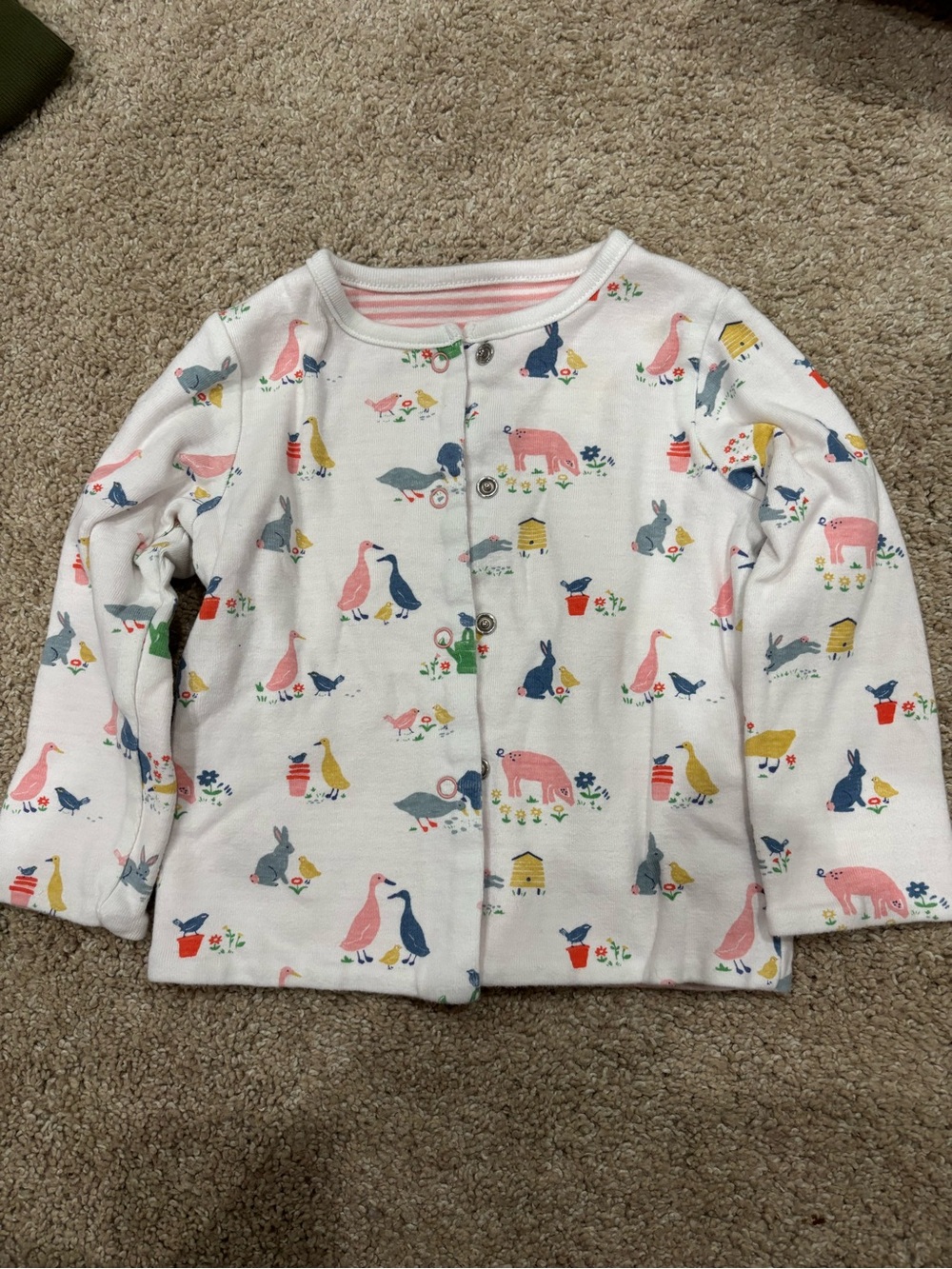 Baby Boden White Cardigan with Pink, Blue, Yellow & Gray Animal Print